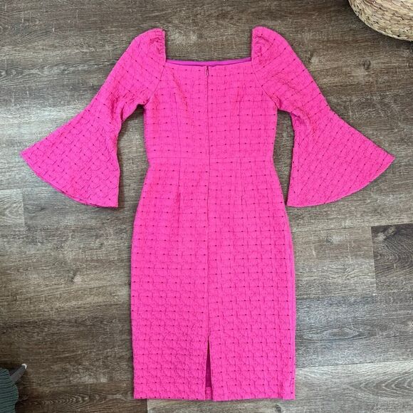 Trina Turk Pink Favor Bell Flare Sleeve Dress Textured Floral - Picture 2 of 6